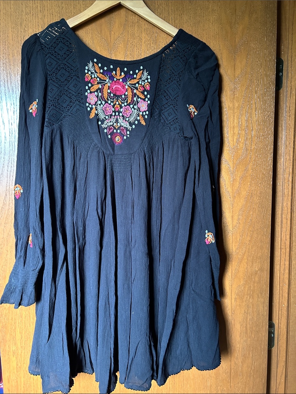 Free People Navy Blue Long Sleeve Embroidered Boho Tunic Dress